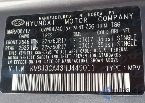 2017 Hyundai Tucson Se from USA, damaged, VIN KM8J3CA43HU449011